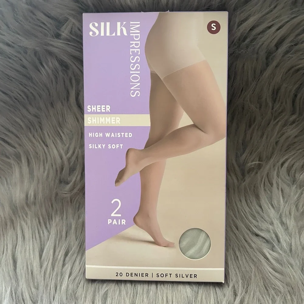 Silk Impressions Sheer Shimmer Tights Women's Size Small‎ Soft Silver High Waist